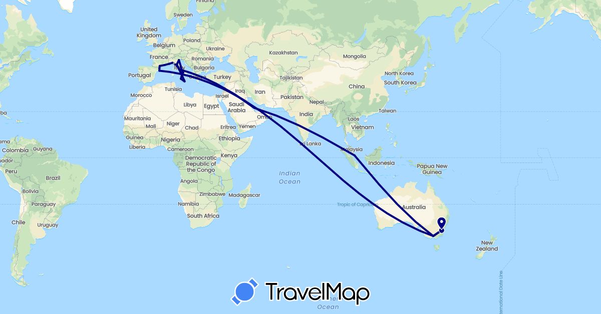 TravelMap itinerary: driving, plane in Australia, Spain, France, Italy, Qatar, Singapore (Asia, Europe, Oceania)